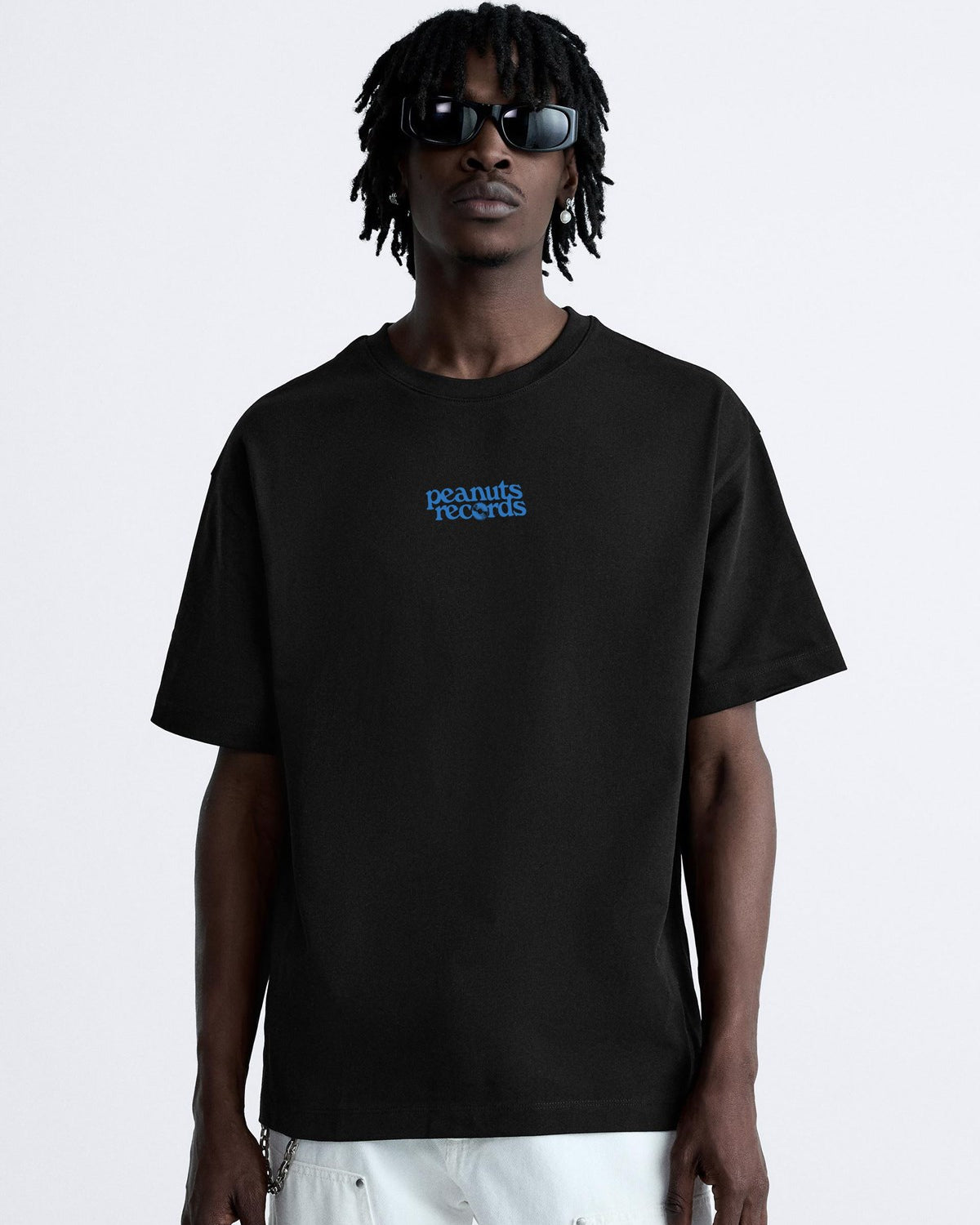 Bisiklet Yaka Peanuts Records Baskılı Oversize Siyah Erkek T-shirt