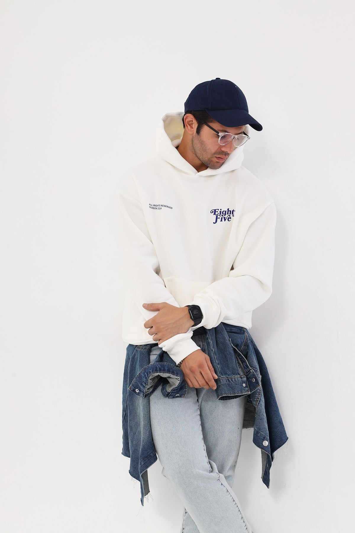 Kapüşonlu İçi Polar Eighty Five Yazı Baskılı Beyaz Oversize Hoodie Sweatshirt