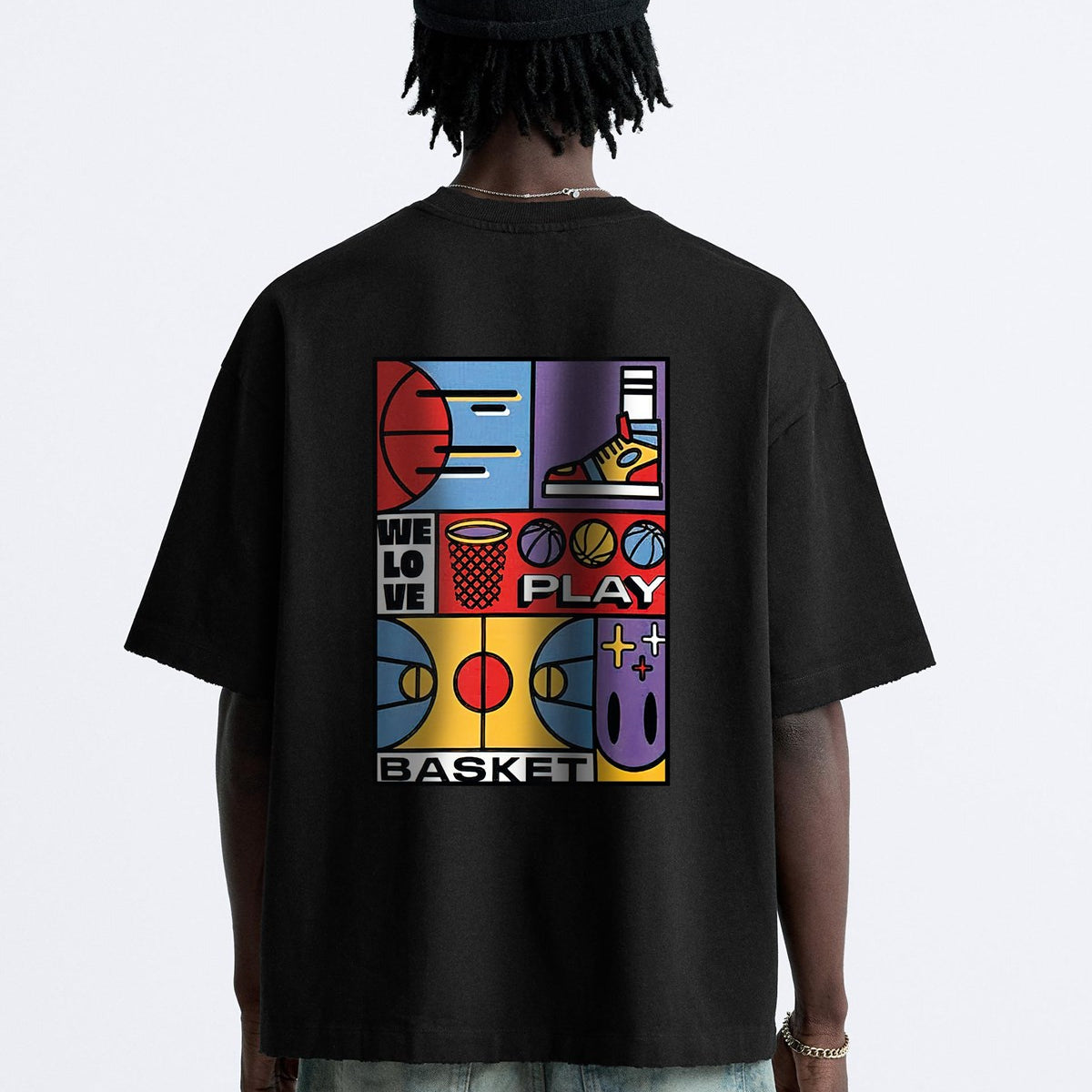 We Love Play Basket Yazılı Basket Tasarım Baskılı Oversize Siyah Erkek T-shirt