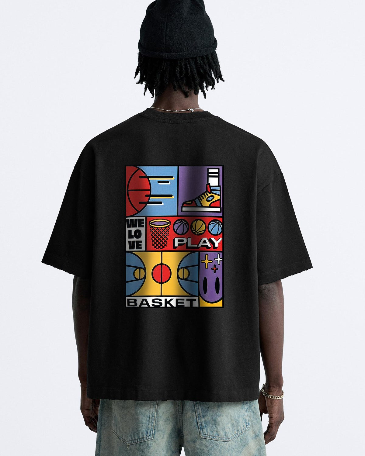 We Love Play Basket Yazılı  Basket Tasarım Baskılı Oversize Siyah Erkek T-shirt