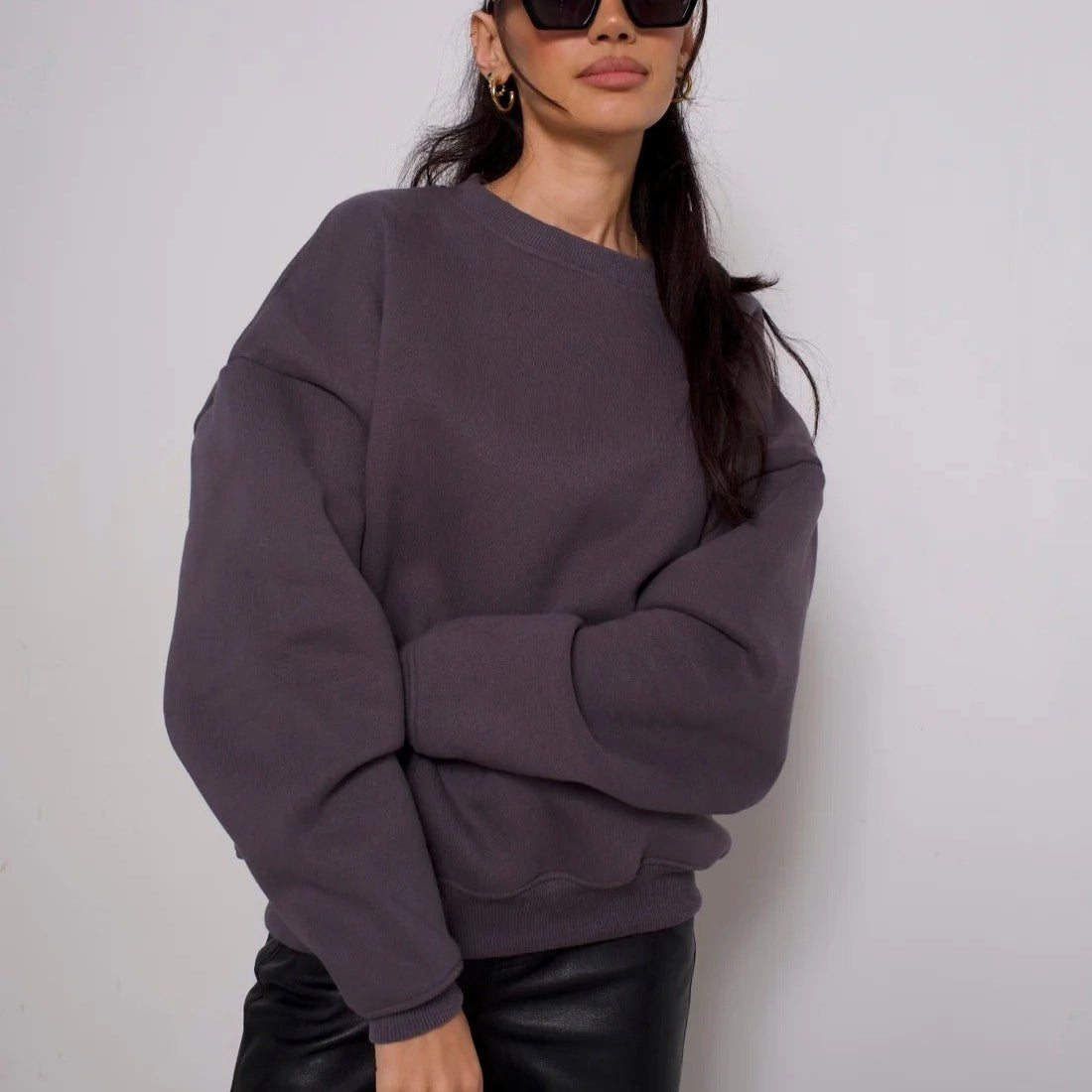 Bisiklet Yaka İçi Polar Füme Unisex Oversize Sweatshirt