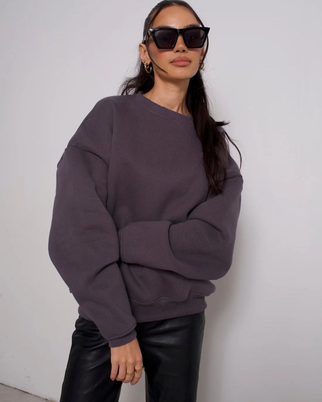 Bisiklet Yaka İçi Polar Füme Unisex Oversize Sweatshirt