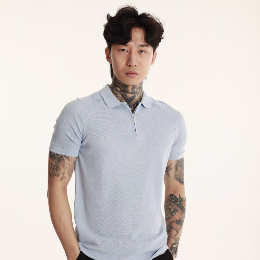 The Champ Polo Yaka Fermuarlı Triko Örme Mavi Erkek T-shirt