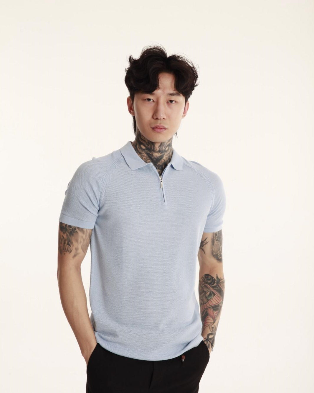 The Champ Polo Yaka Fermuarlı Triko Örme Mavi Erkek T-shirt