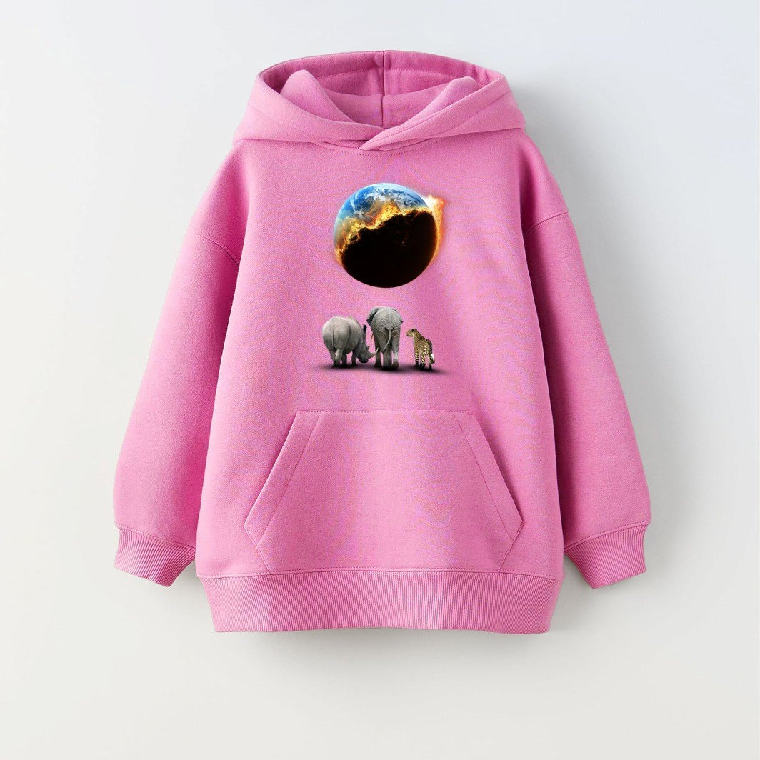 Pembe Kapüşonlu İçi Polar Burning World And Animals Baskılı Unisex Çocuk Sweatshirt