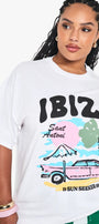 Büyük Beden Kadın Tişört %100 Pamuk Ibiza Baskılı Oversize Beyaz Yazlık