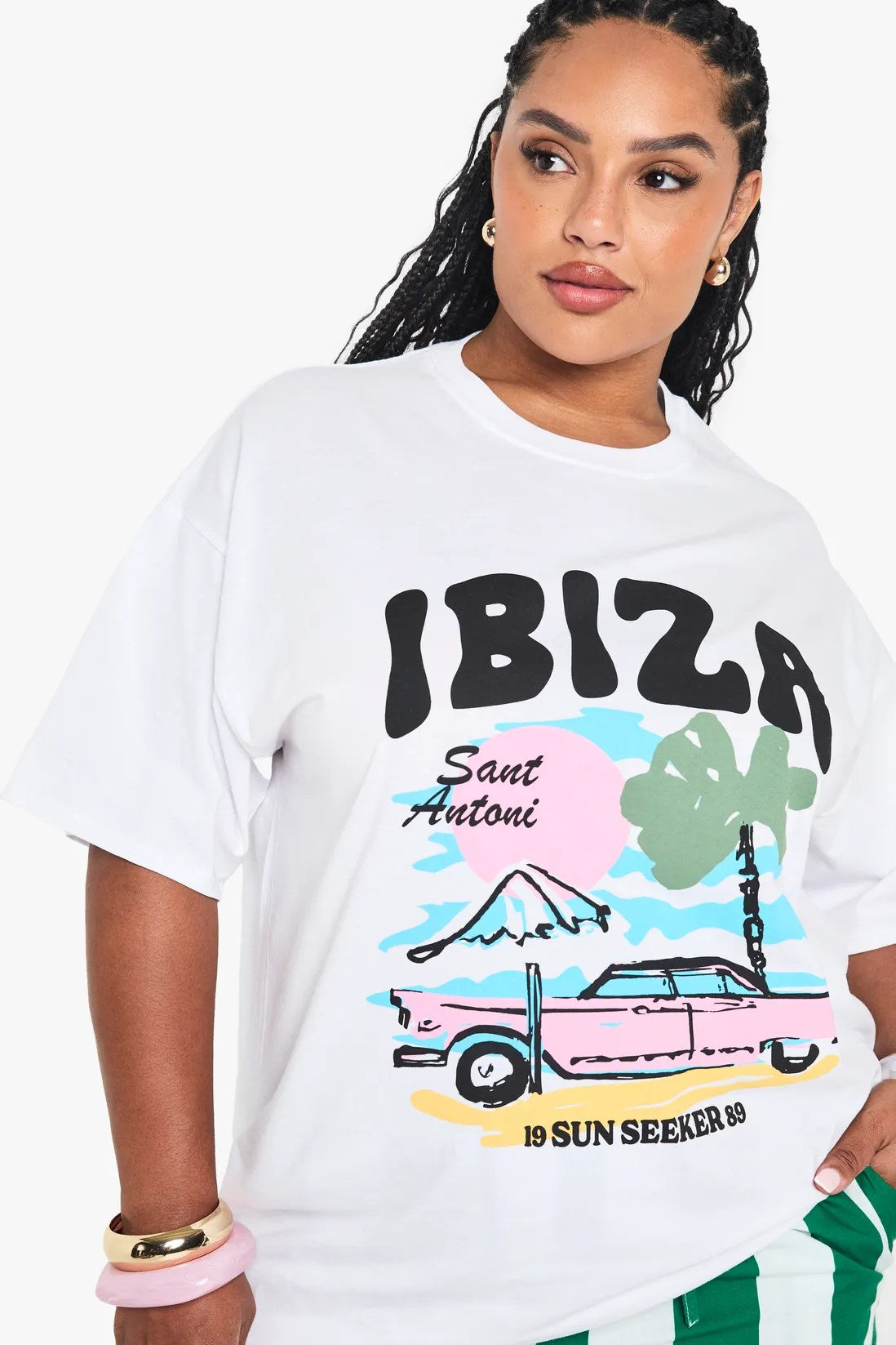 Büyük Beden Kadın Tişört %100 Pamuk Ibiza Baskılı Oversize Beyaz Yazlık