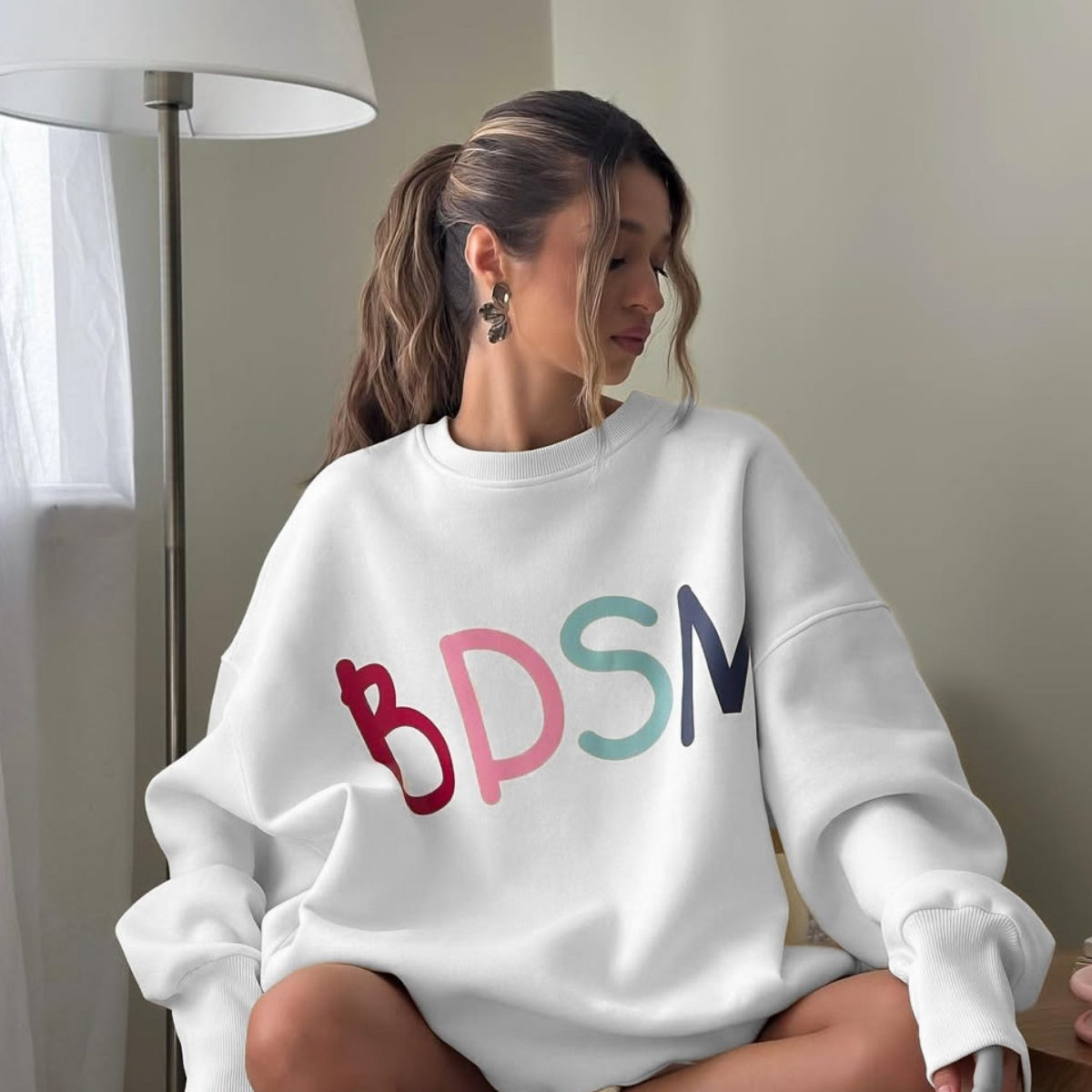 Kadın Oversize Sweatshirt Elbise Color Pop Baskılı Beyaz – Bisiklet Yaka, 3 İplik Şardonlu Polar