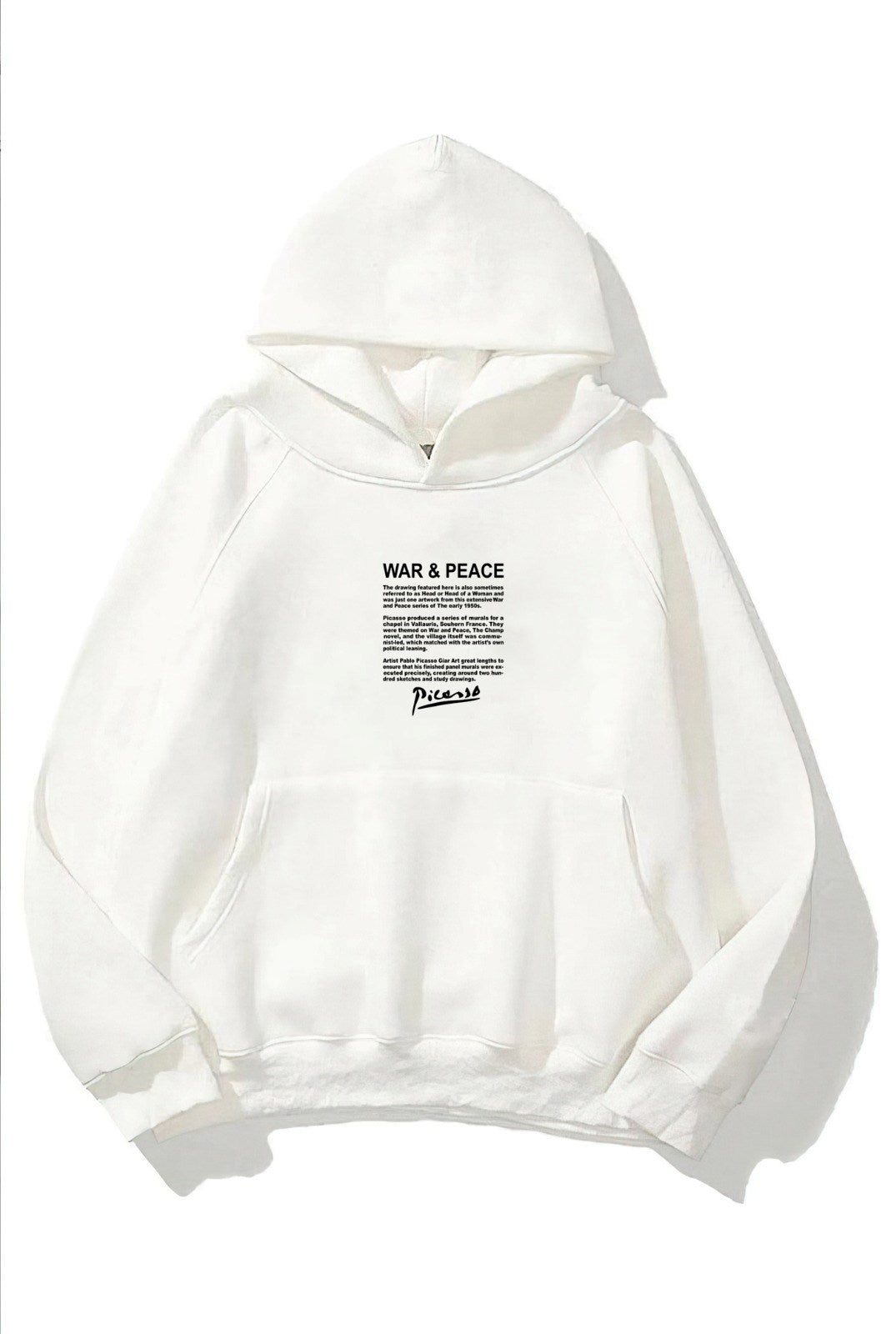 Kapüşonlu İçi Polar War & Peace Baskılı Beyaz Unisex Hoodie Sweatshirt