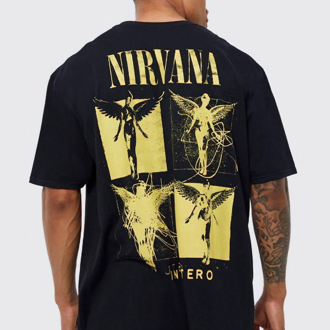 Bisiklet Yaka Nirvana Baskılı Siyah Oversize Erkek T-shirt