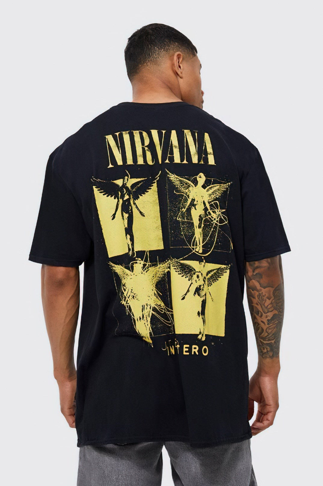 Bisiklet Yaka Nirvana Baskılı Siyah Oversize Erkek T-shirt