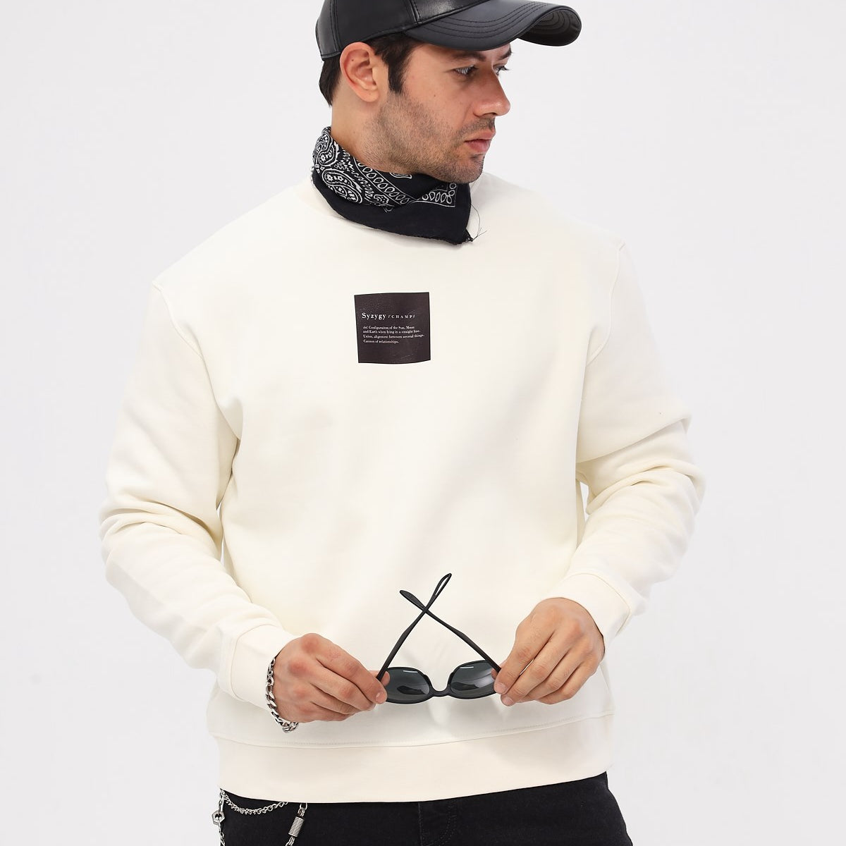 Bisiklet Yaka İçi Polar Syzygy Yazı Baskılı Beyaz Oversize Sweatshirt