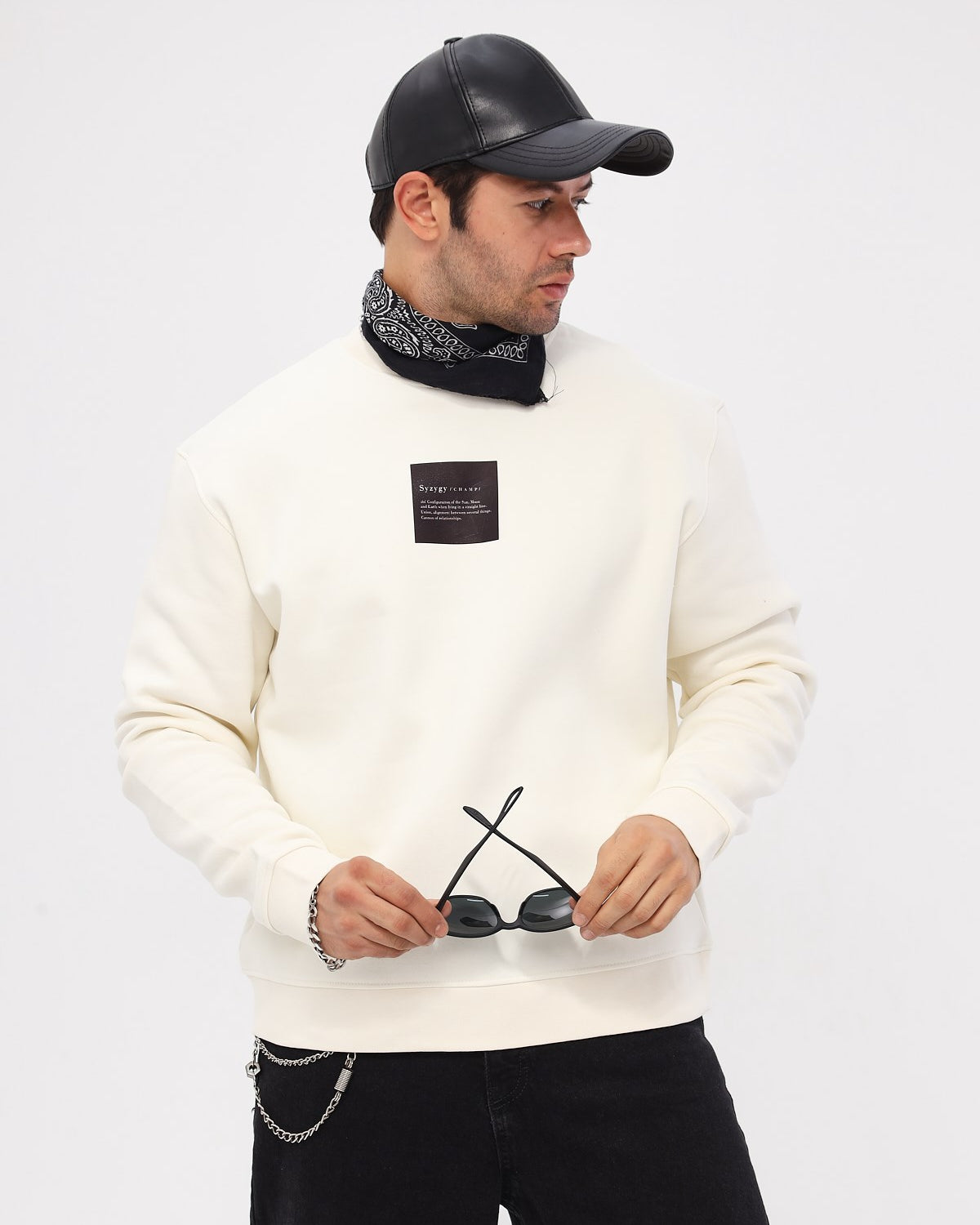 Bisiklet Yaka İçi Polar Syzygy Yazı Baskılı Beyaz Oversize Sweatshirt