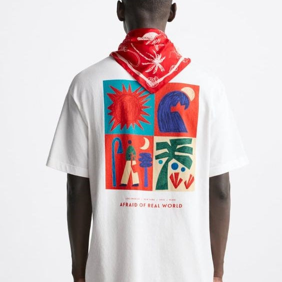 Bisiklet Yaka Afraid Of Real World Baskılı Beyaz Oversize Erkek T-shirt