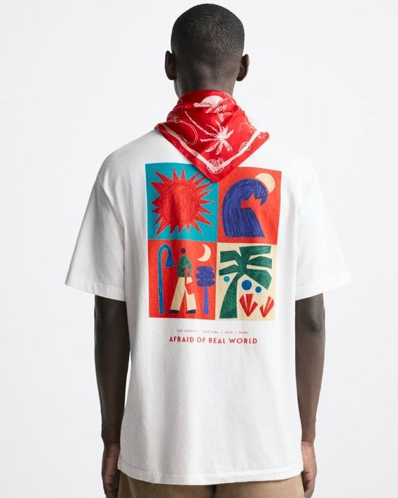 Bisiklet Yaka Afraid Of Real World Baskılı Beyaz Oversize Erkek T-shirt