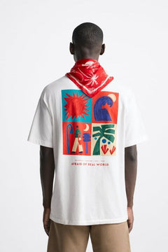 Bisiklet Yaka Afraid Of Real World Baskılı Beyaz Oversize Erkek T-shirt