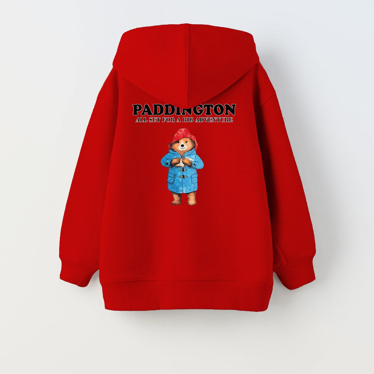 Kapüşonlu İçi Polar Paddington Yazılı Ayı Figür Baskılı Kırmızı Unisex Çocuk Hoodie Sweatshirt