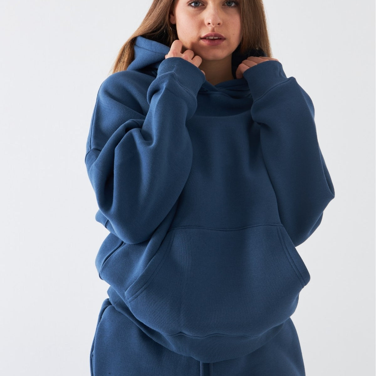 Oversize Unisex Sweatshirt Hoodie Marine – Kapüşonlu, 3 İplik Şardonlu Polar, Kanguru Cepli, Basic