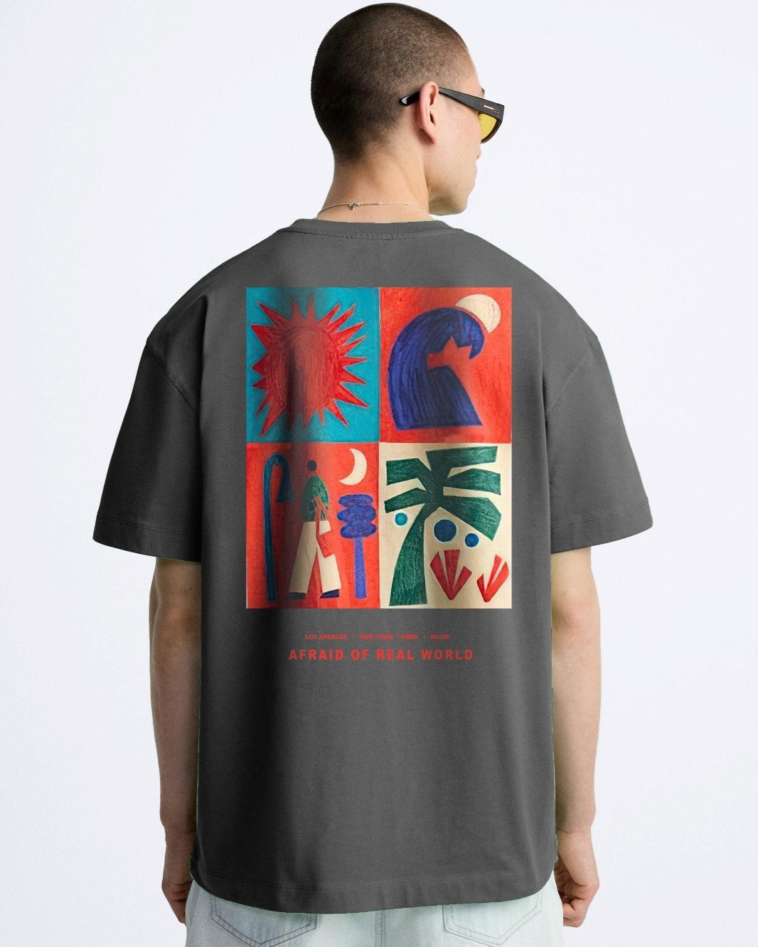 Bisiklet Yaka Afraid Of Real World Baskılı Füme Oversize Erkek T-shirt
