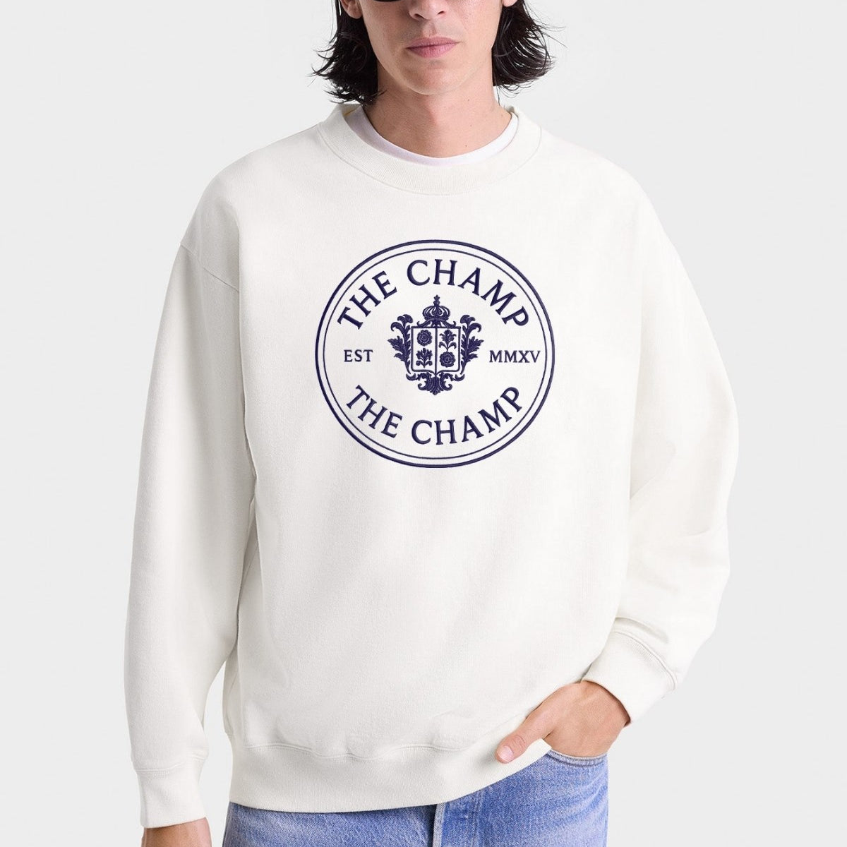 Unisex Ekru Sweatshirt – The Champ Armalı, Bisiklet Yaka, Şehir ve Üniversite Tarzı