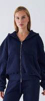 Kadın Oversize Zip Hoodie Lacivert – Fermuarlı, Kapüşonlu, Kangru Cep,  3 İplik Şardonlu Polar
