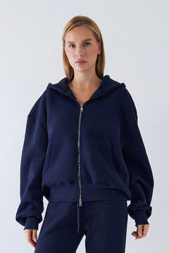 Kadın Oversize Zip Hoodie Lacivert – Fermuarlı, Kapüşonlu, Kangru Cep,  3 İplik Şardonlu Polar