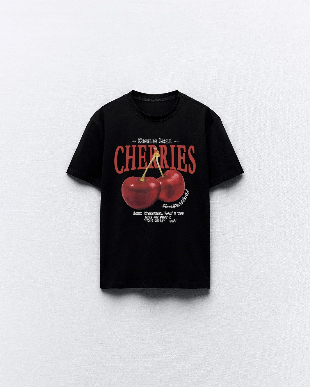 Cherries Yazılı Kiraz Tasarım Baskılı Siyah Kadın T-shirt