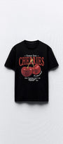 Cherries Yazılı Kiraz Tasarım Baskılı Siyah Kadın T-shirt