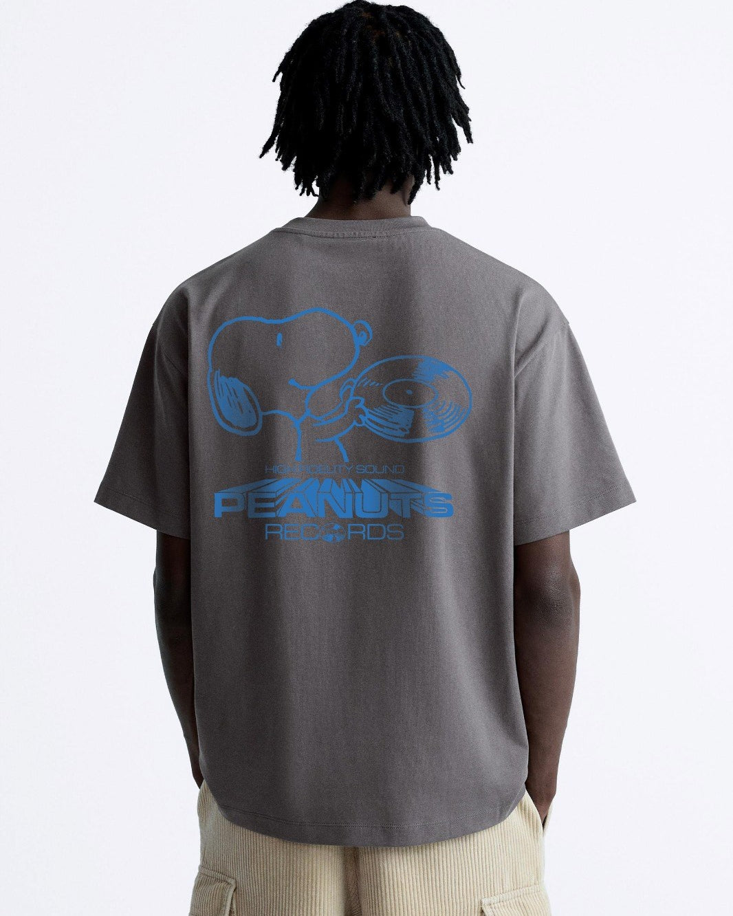 Bisiklet Yaka Peanuts Records Baskılı Oversize Füme Erkek T-shirt