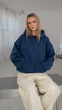 Kapüşonlu Içi Polar İndigo Unisex Oversize Hoodie Sweatshirt