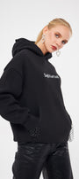 Kapüşonlu İçi Polar Sagittarius Yazılı Taş Baskılı Siyah Oversize Hoodie Sweatshirt