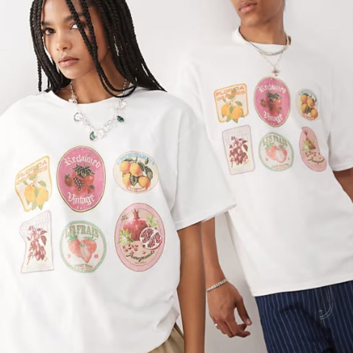 Unisex Oversize %100 Pamuk Meyve Etiketli Beyaz Tişört Reclaimed Vintage Stil