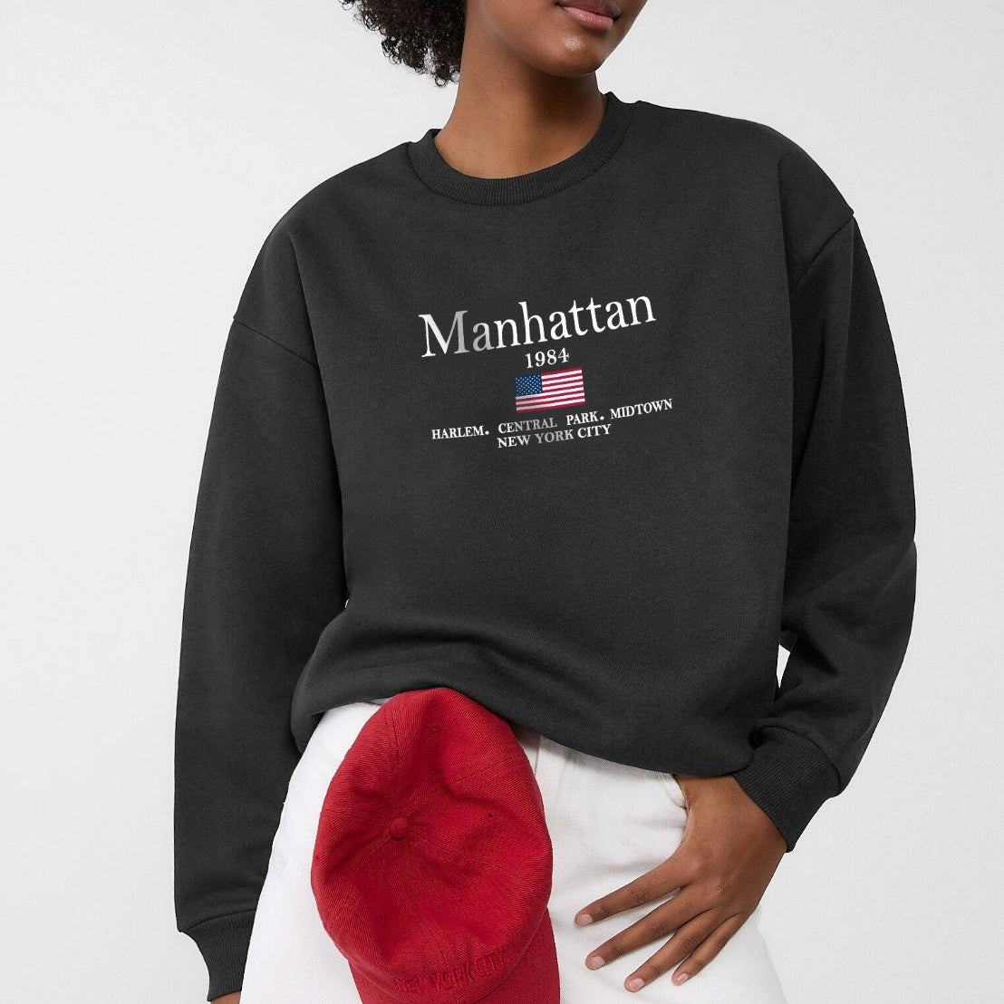 Bisiklet Yaka İçi Polar Manhattan 1984 Yazı Baskılı Siyah Oversize Sweatshirt