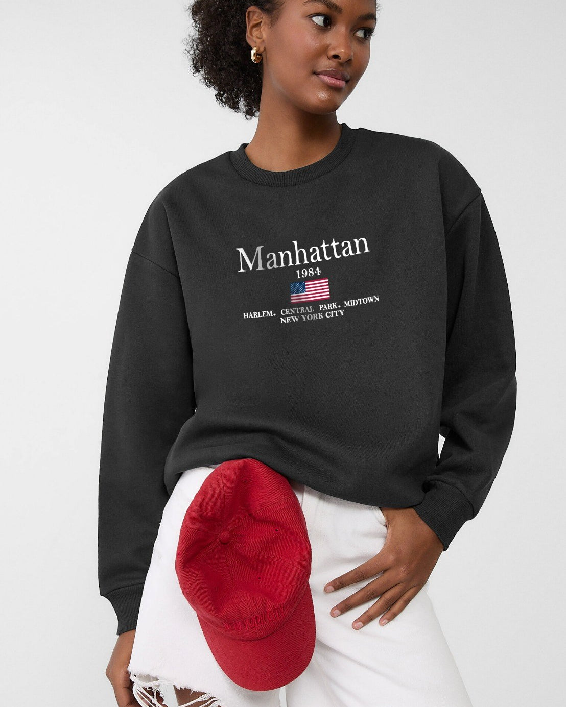 Bisiklet Yaka İçi Polar Manhattan 1984 Yazı Baskılı Siyah Oversize Sweatshirt