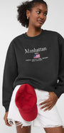 Bisiklet Yaka İçi Polar Manhattan 1984 Yazı Baskılı Siyah Oversize Sweatshirt
