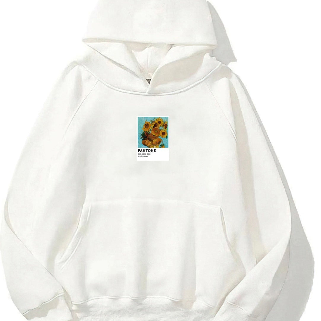 Kapüşonlu İçi Polar Sunflowers Baskılı Beyaz Unisex Oversize Hoodie Sweatshirt