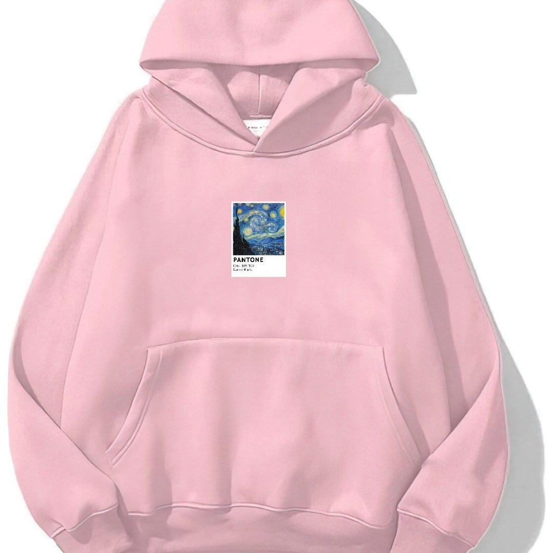 Kapüşonlu İçi Polar Starry Night Baskılı Pembe Unisex Oversize Hoodie Sweatshirt