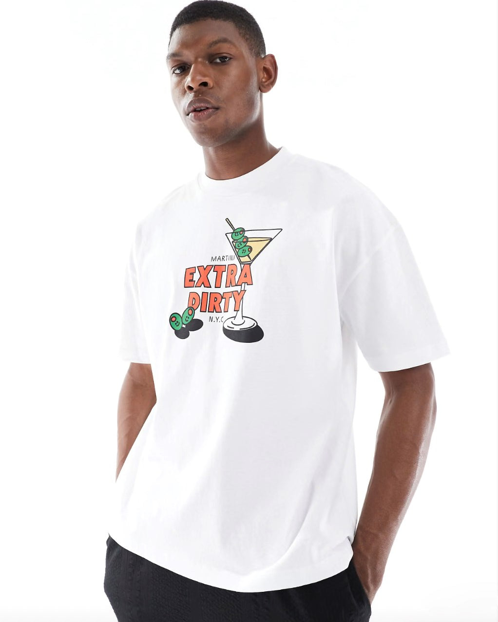 rkek Beyaz Oversize Tişört – Extra Dirty Martini Baskılı Esprili NYC Tasarım