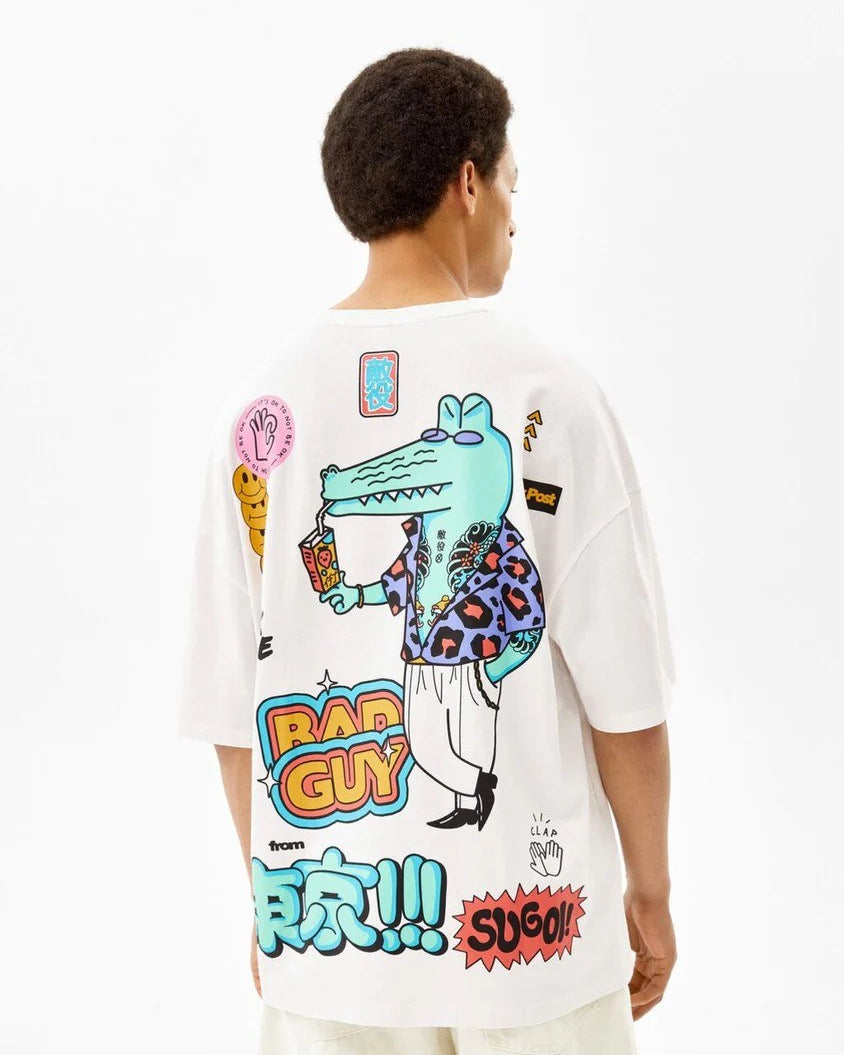 Bad Guy Yazılı Karikatür Tasarım Baskılı Beyaz Oversize Erkek T-shirt
