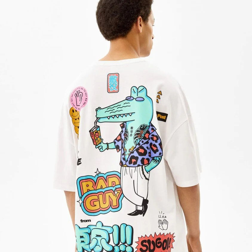 Bad Guy Yazılı Karikatür Tasarım Baskılı Beyaz Oversize Erkek T-shirt