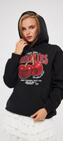 Kapüşonlu İçi Polar Cherries Yazılı Kiraz Baskılı Siyah Oversize Hoodie Sweatshirt