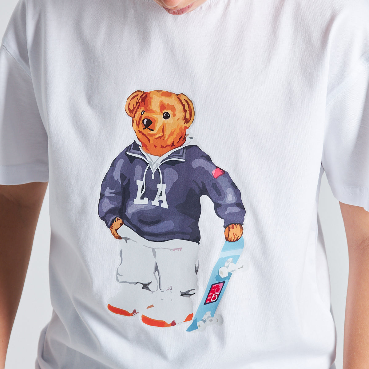 Teddy Bear Kaykay Tasarım Baskılı %100 Pamuk Erkek Oversize Çocuk Tişört Beyaz