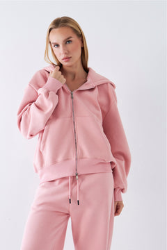 Kadın Oversize Zip Hoodie Pembe – Fermuarlı, Kapüşonlu, Kangru Cep,  3 İplik Şardonlu Polar