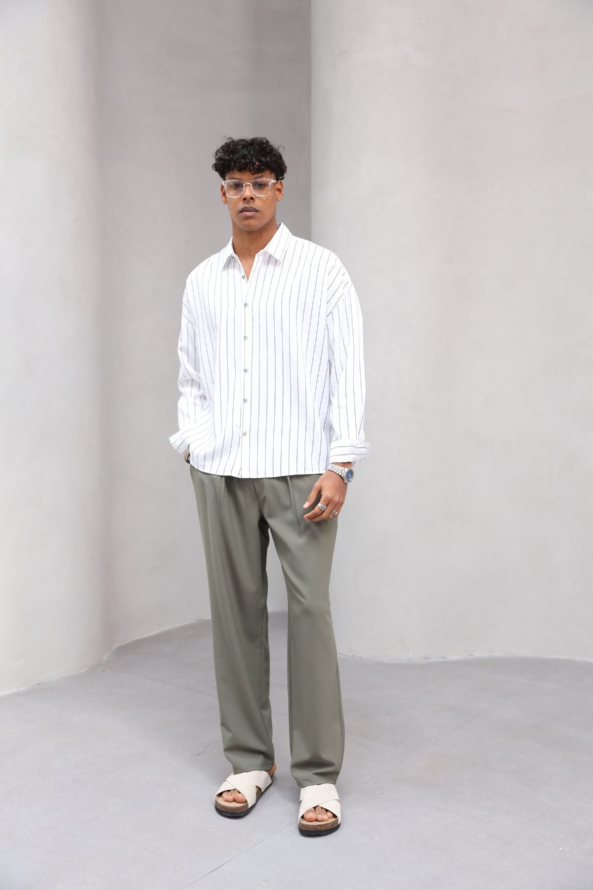 Çizgili Naturel Renk Oversize Erkek Gömlek