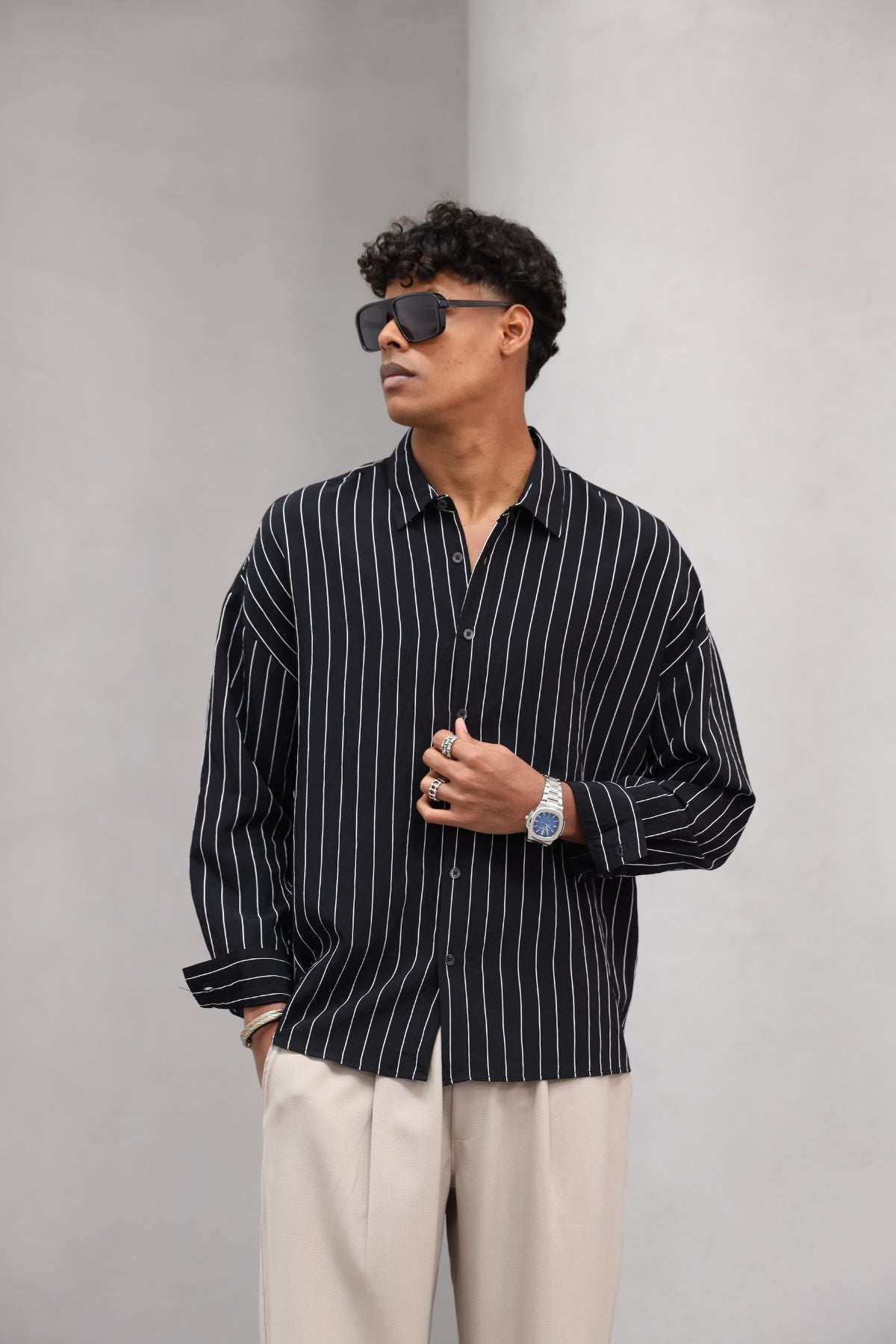 Çizgili Naturel Renk Oversize Erkek Gömlek