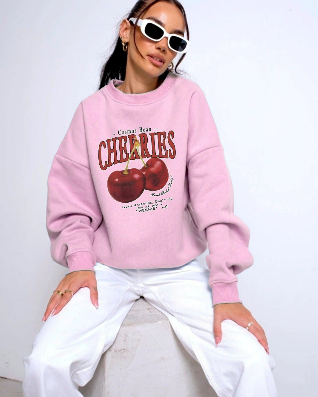 Bisiklet Yaka İçi Polar Cherries Baskılı Pembe Oversize Sweatshirt