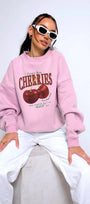 Bisiklet Yaka İçi Polar Cherries Baskılı Pembe Oversize Sweatshirt