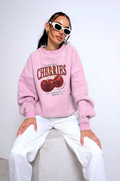 Kadın Bisiklet Yaka İçi Polar Cherries Baskılı Pembe Oversize Sweatshirt
