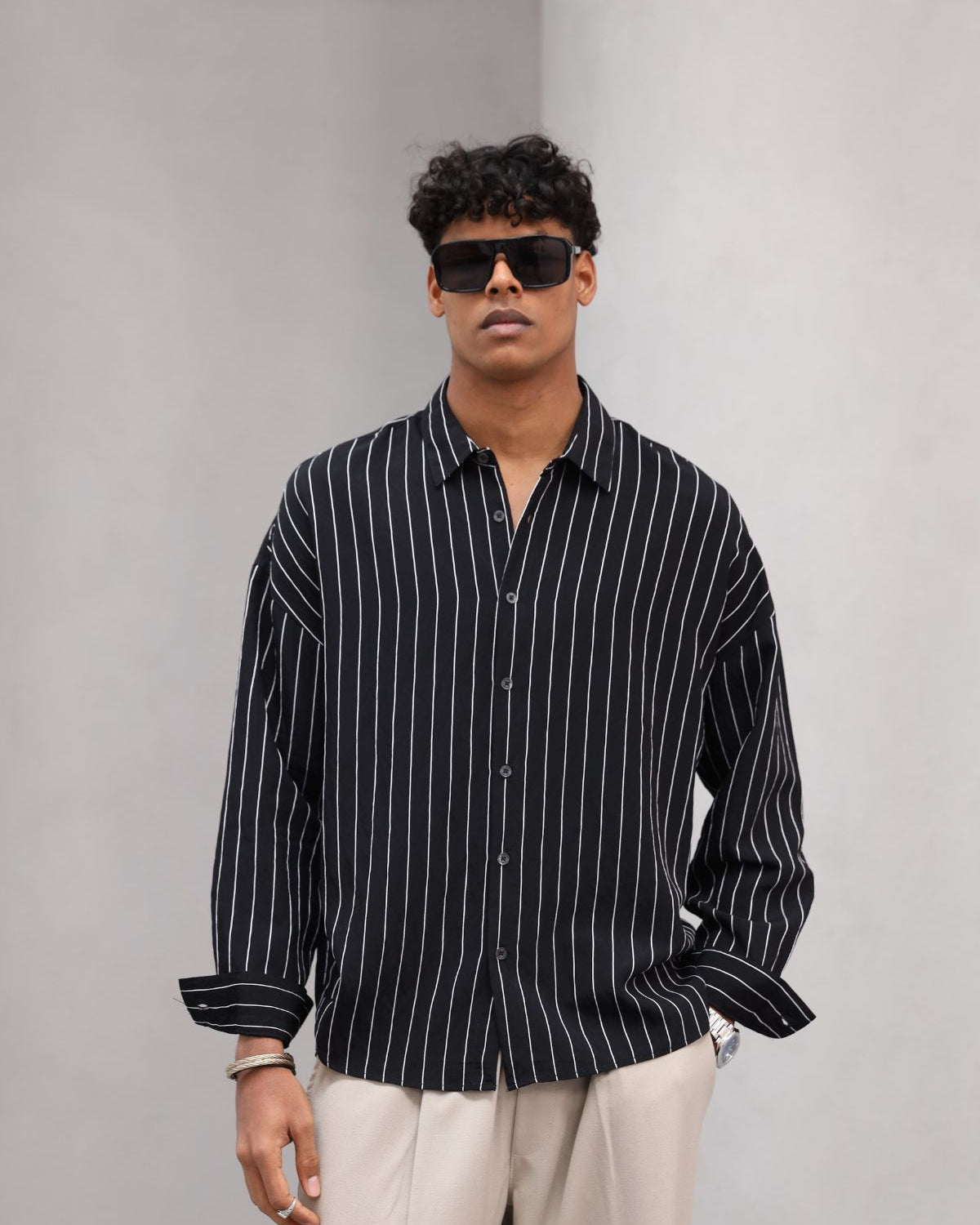 Çizgili Naturel Renk Oversize Erkek Gömlek