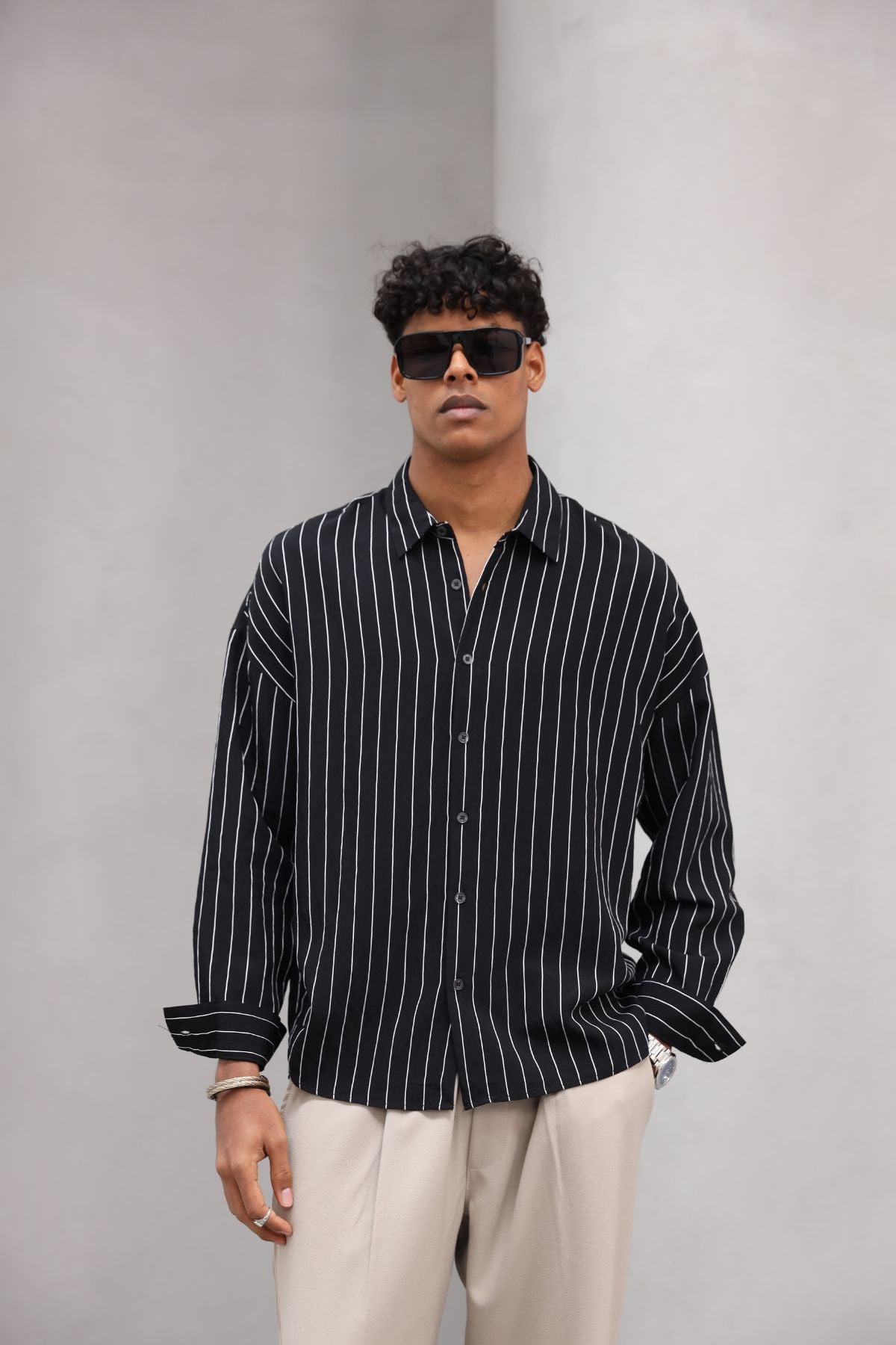 Çizgili Naturel Renk Oversize Erkek Gömlek
